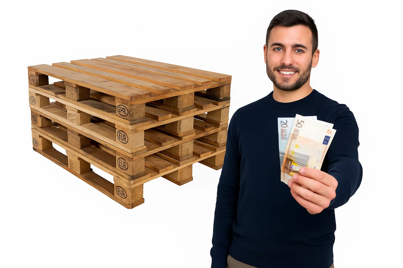 Hombre cobrando en efectivo por vender palets usados en Barcelona