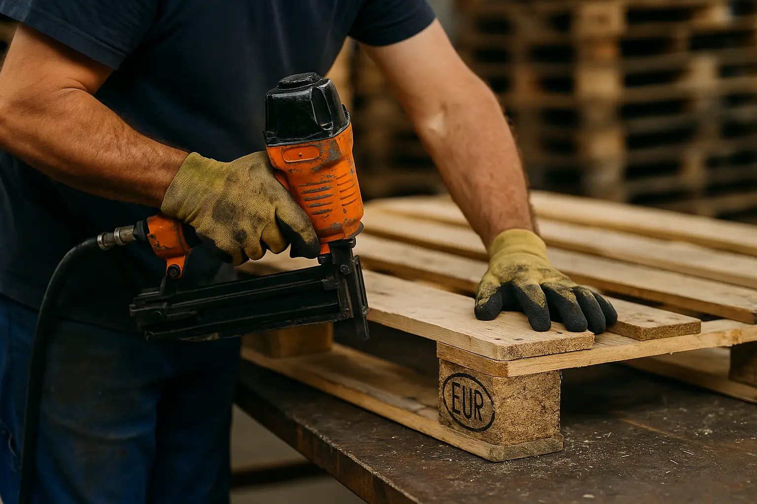 Operario reparando palets en TELOPAL Barcelona